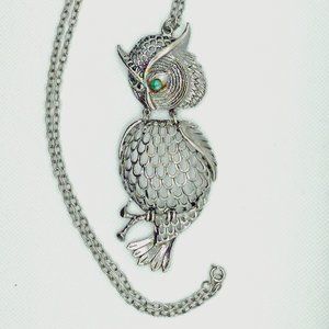 Vintage Silver Tone Owl Necklace, 25"